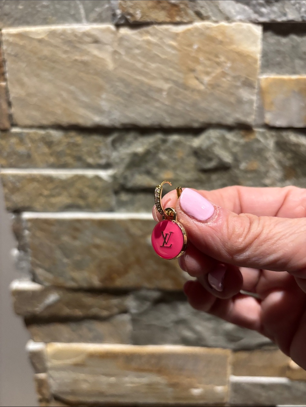LV Hot Pink Enamel Drop Earrings with Gold Accents - Picture 3 of 4